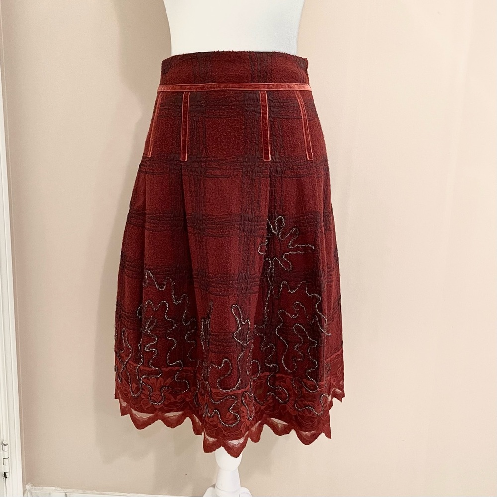 Vintage Embroidered Lace A-Line Skirt Burgundy XS